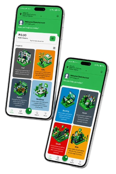 Urban Haul app screens showing Mall, Eats, Market, MediDrop, Booking, Assist, SendIt and Ride services